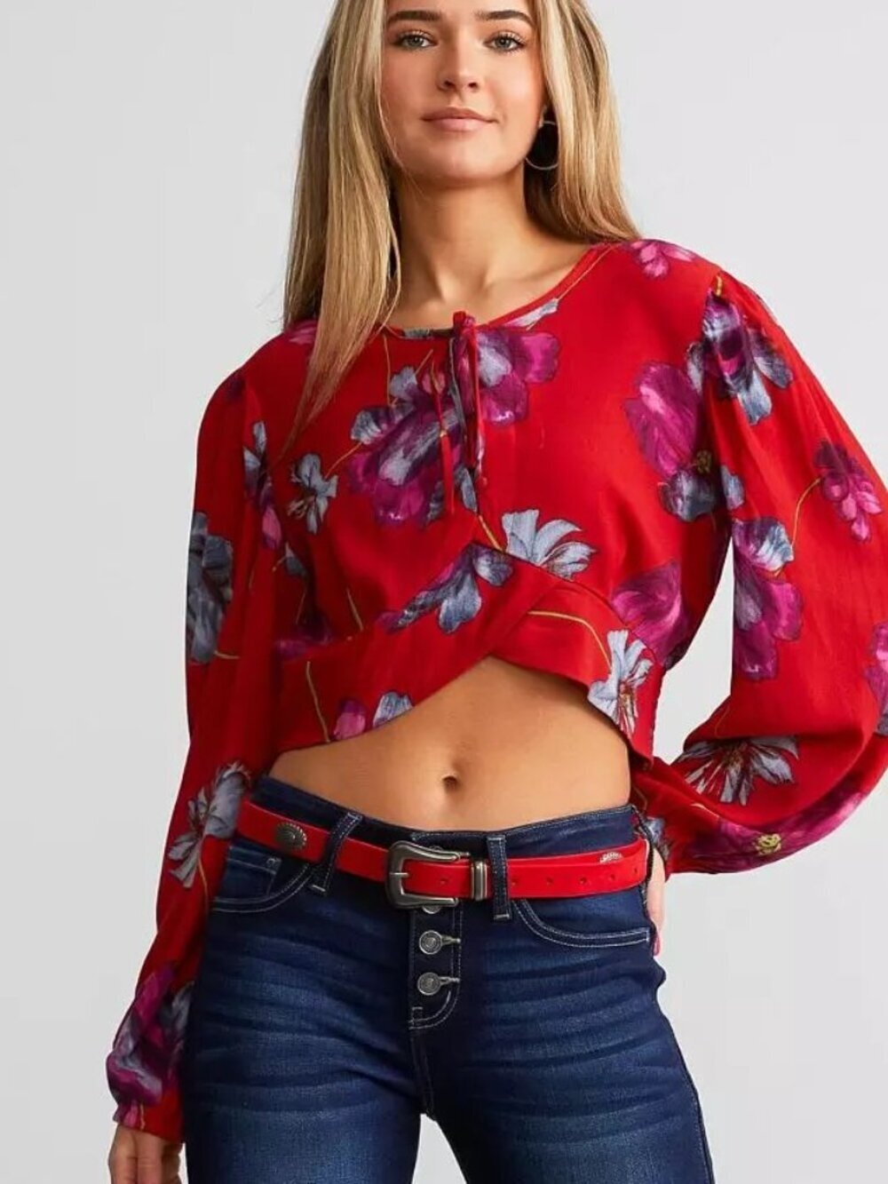 Band of The Free Size L Floral Scallop Tie Front Long Sleeve Smocked Crop Top
